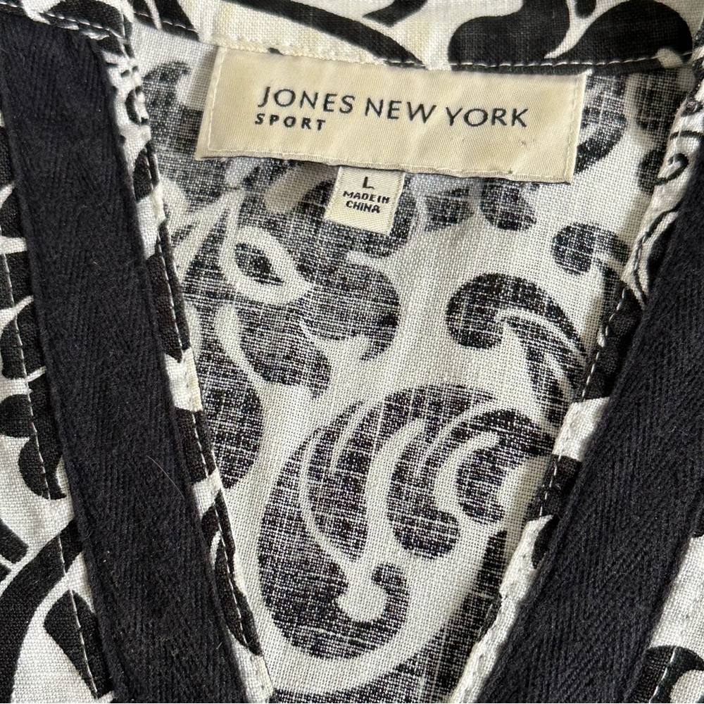 Jones New York Women's Black White Linen Tunic Top Blouse Large - Picture 2 of 4